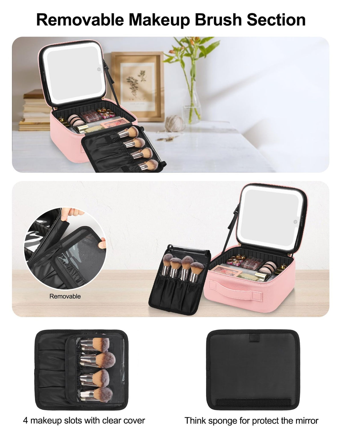 LED Mirror Makeup Bag with Adjustable Dividers, Waterproof Travel Cosmetic Organizer for Women & Girls