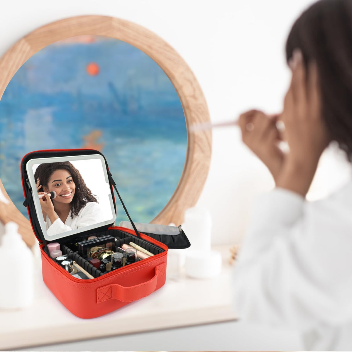 Travel Makeup Bag with LED Mirror, Adjustable Dividers & Pink Finish