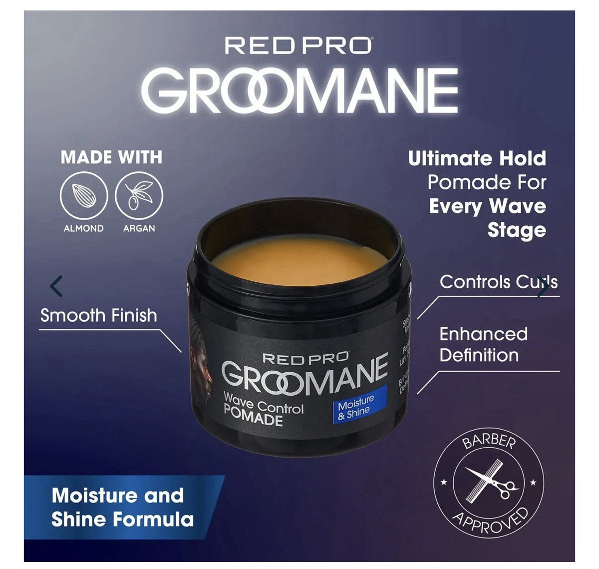 Red Pro Groomane Wave Control Pomade with Argan Oil & Sweet Almond - Moisture & Shine, 3 Oz