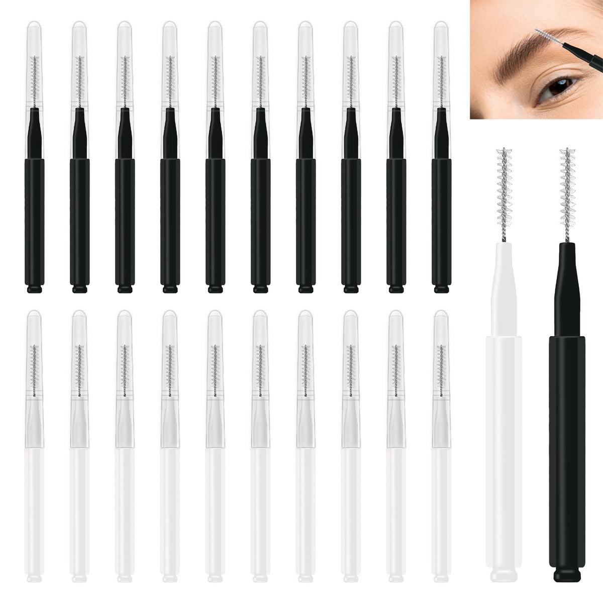 20 Pcs Micro Eyebrow & Eyelash Spoolie Brushes with Caps for Brow Lamination