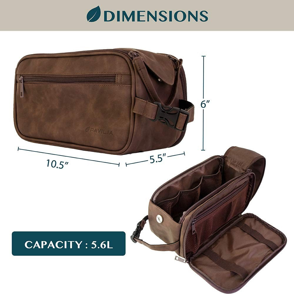 Men's Travel Toiletry Bag Leather Dopp Kit Organizer with Water-Resistant Interior