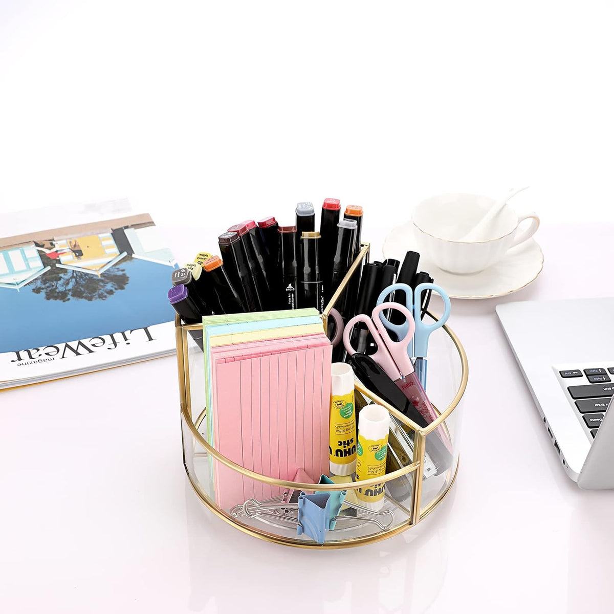 Rotating Makeup Organizer with 3 Slots - Gold Glass Vanity Storage
