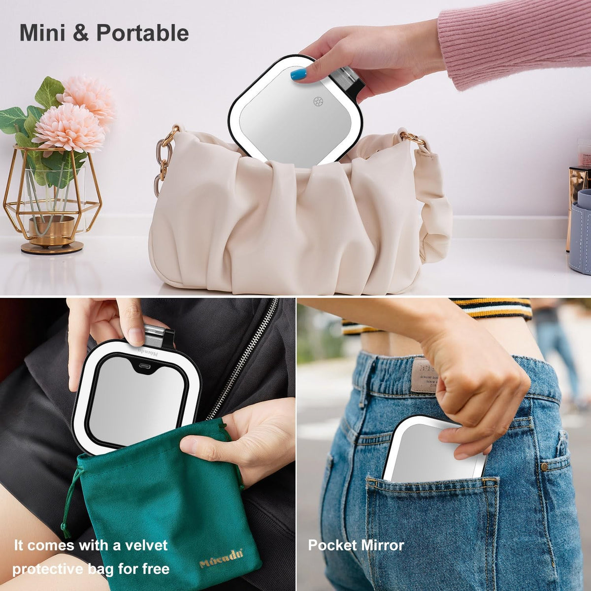 Travel Makeup Mirror with 1X/20X Magnification & LED Light, Compact Double-Sided