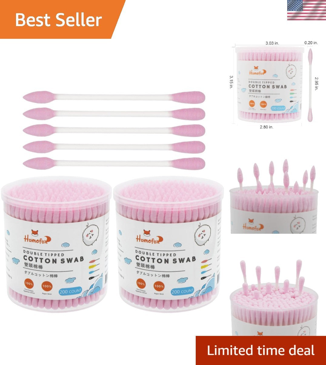 Organic Pink Cotton Swabs - 400 Count with Precision Pointed & Round Tips