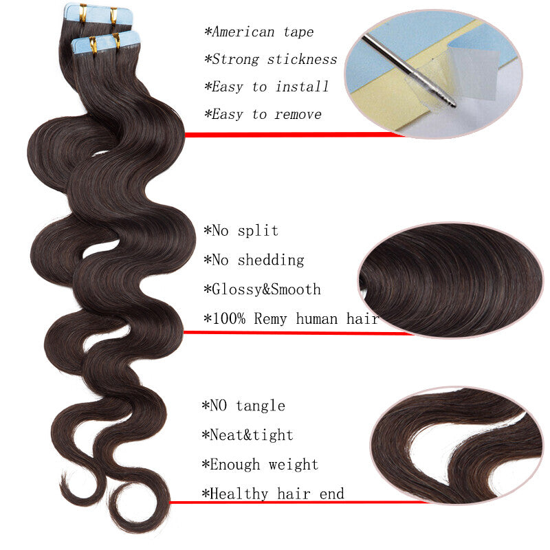 Remy Human Hair Extensions Tape In Full Head Wavy Balayage 200g