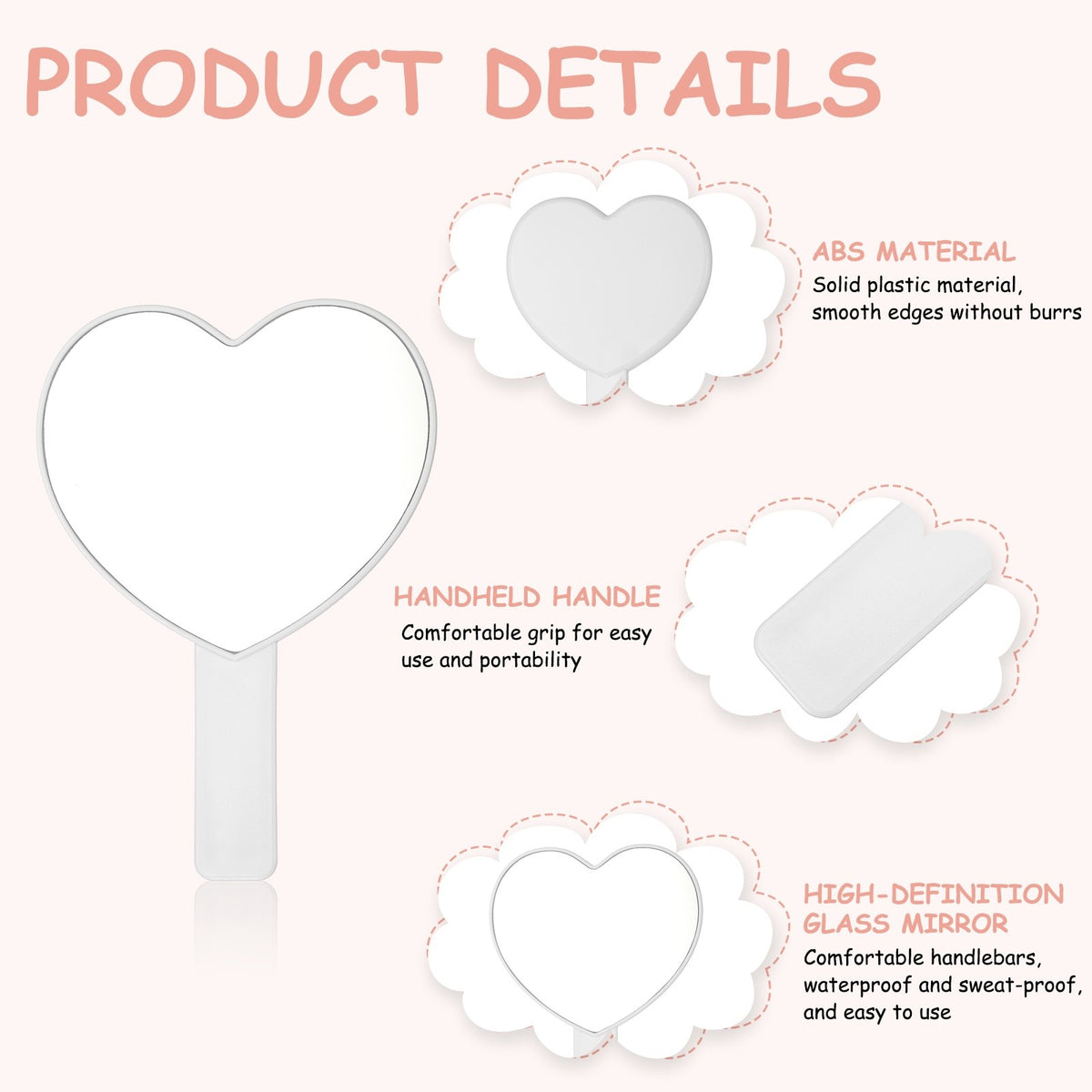 Heart Shape Travel Makeup Mirror - 7 Inch White Handheld Compact