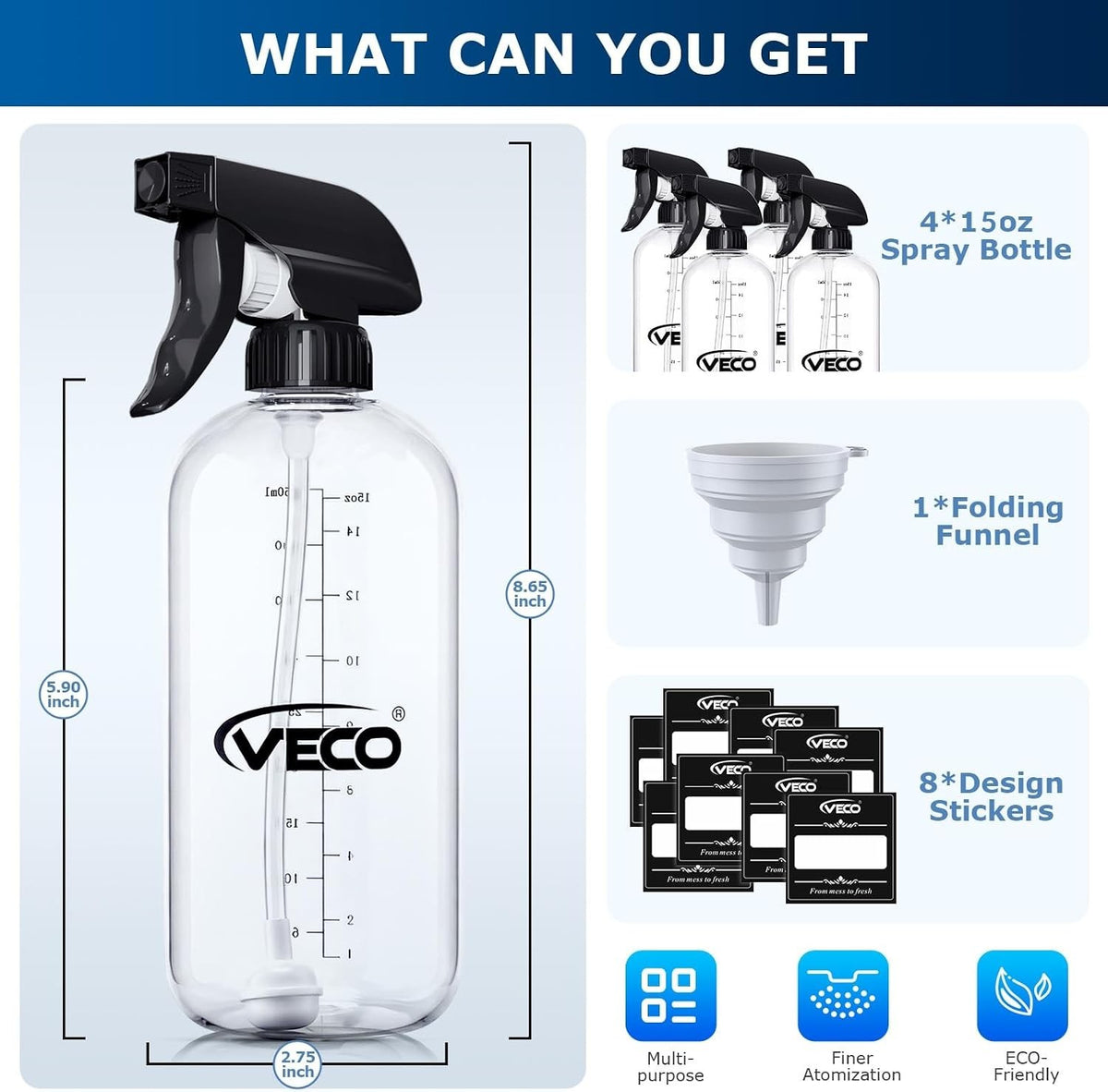 15oz Graduated Spray Bottles 4-Pack - 360° Adjustable Nozzle & Leakproof Design