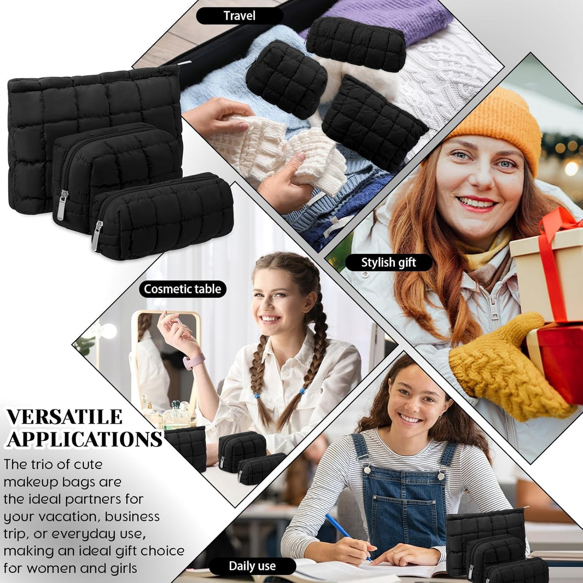 3 Pack Quilted Makeup Bags for Women - Travel Cosmetic Pouch Set