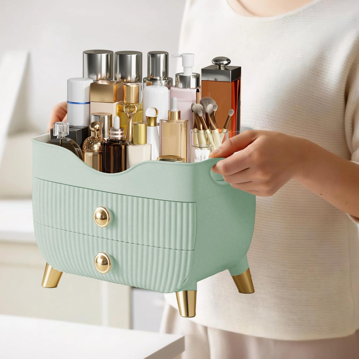Large Capacity Makeup Organizer with Drawers and Top Compartment for Skincare and Cosmetics