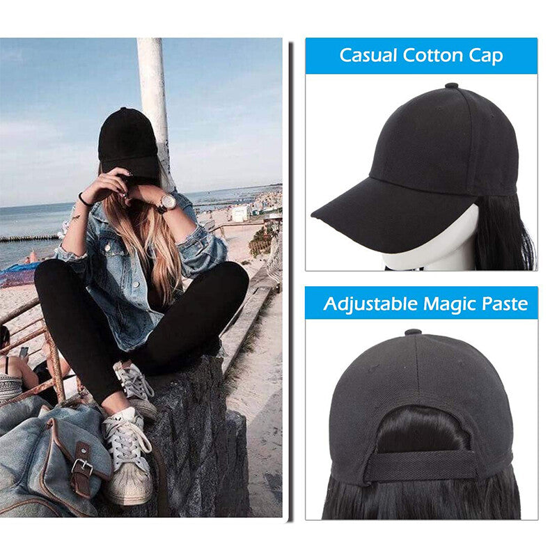 Baseball Cap with Synthetic Hair Extensions - Straight, Curly, Wavy Fits Most