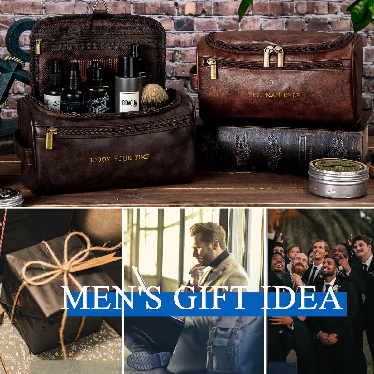 Men's Leather Travel Toiletry Bag Organizer with Hanging Waterproof Design