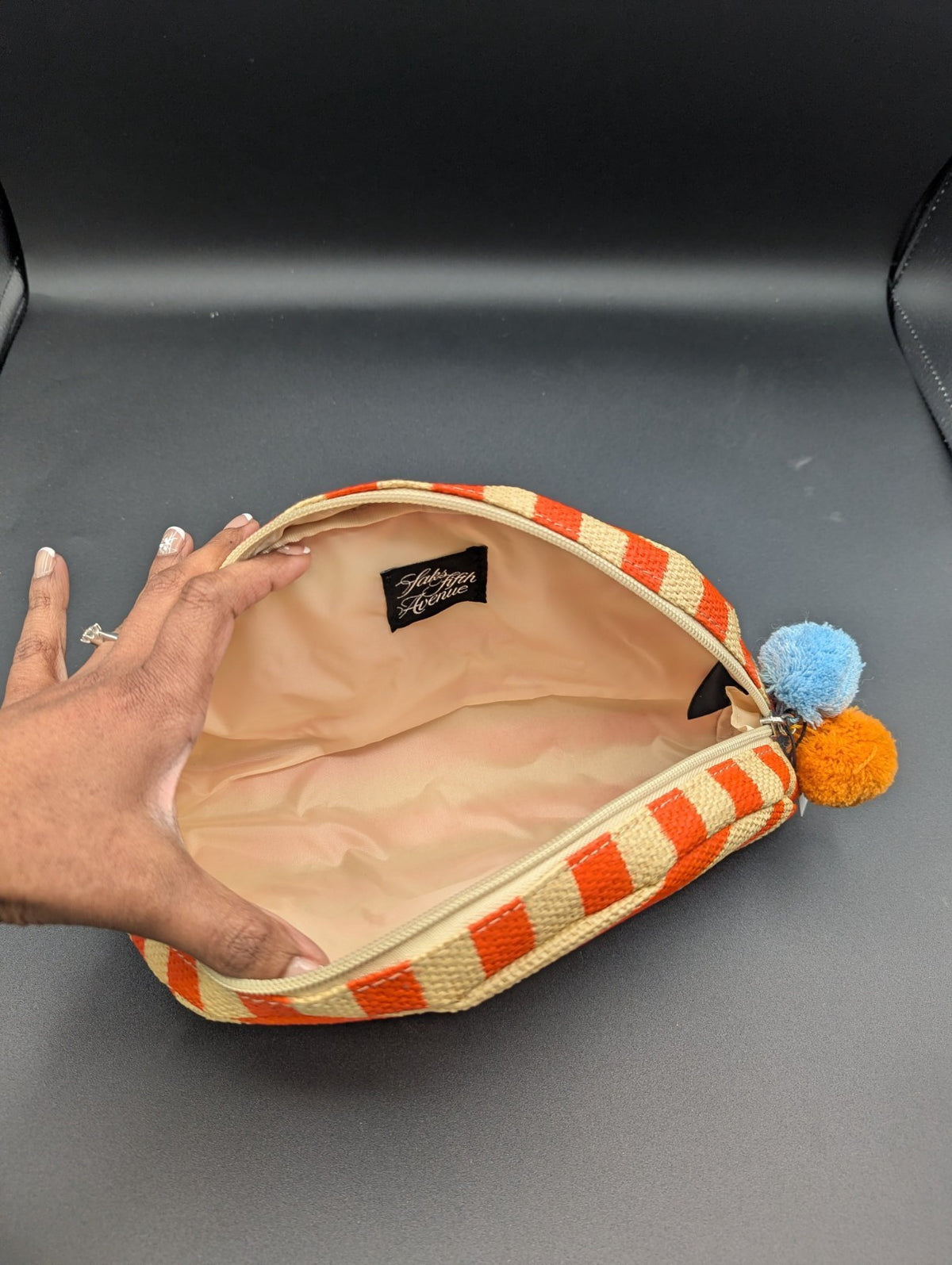 Luxury Cosmetic Bag with Pom Pom Orange Stripe Travel Makeup Purse