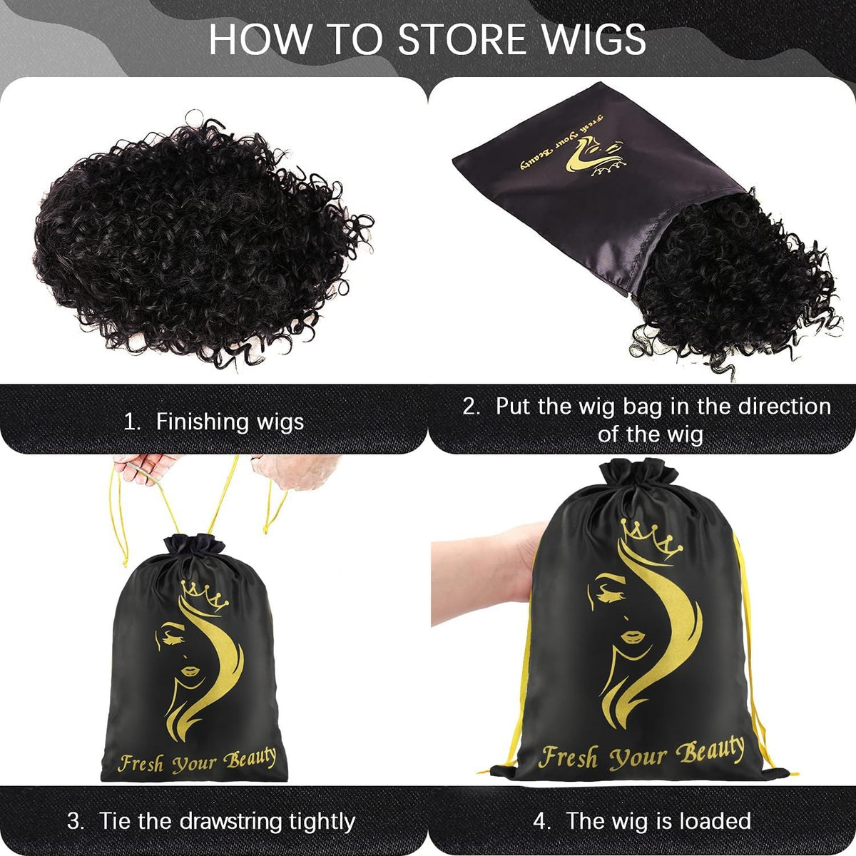 Silk Satin Hair Extension & Wig Storage Bags with Drawstring - 6 Pack