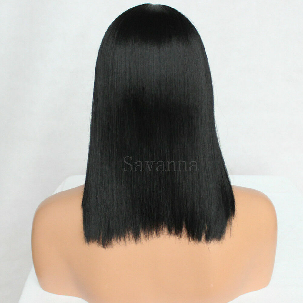 Black Short Bob Wig with Bangs - Straight Blunt Cut Shoulder Length Hair for Women