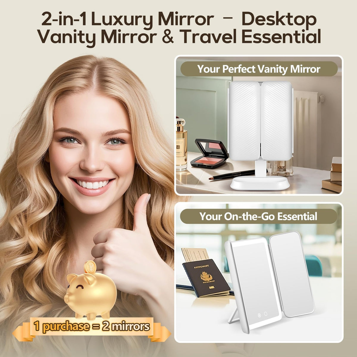 Lighted Makeup Vanity Mirror with 30X/10X/5X Magnification Rechargeable Dimmable LED Desk Mirror