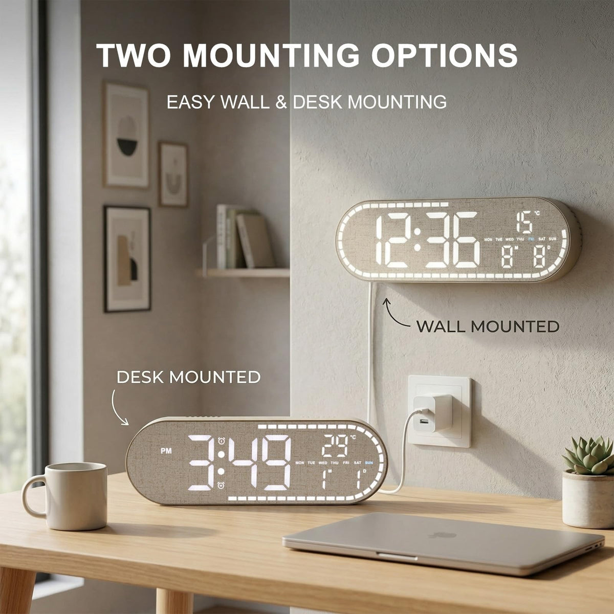 Large Display LED Digital Wall Clock with Temperature and Brightness Control