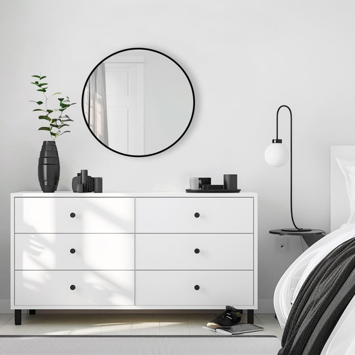 Round Wall Mirror 20 Inch Black Aluminum Frame - Modern Circle Wall Mirror