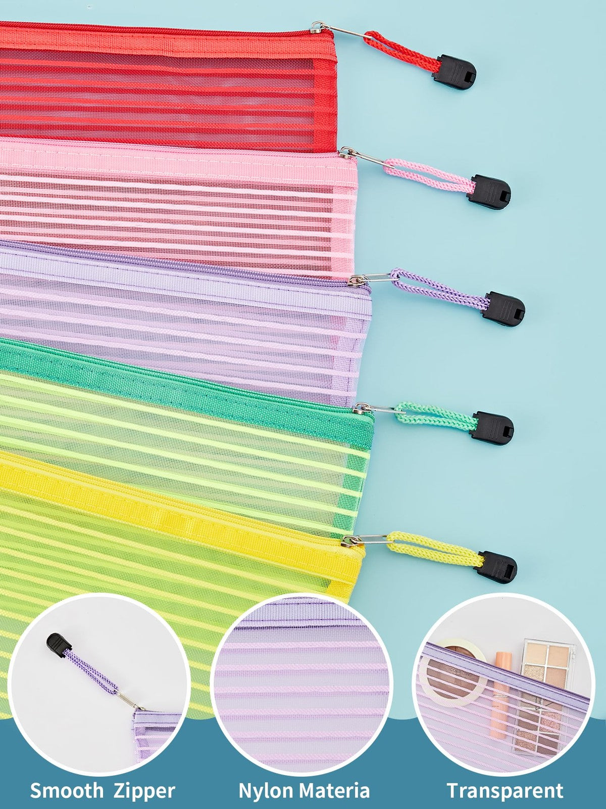 Mesh Zipper Pouches Set of 80 in 10 Colors - Durable Storage Bags for Office, Travel & Cosmetics