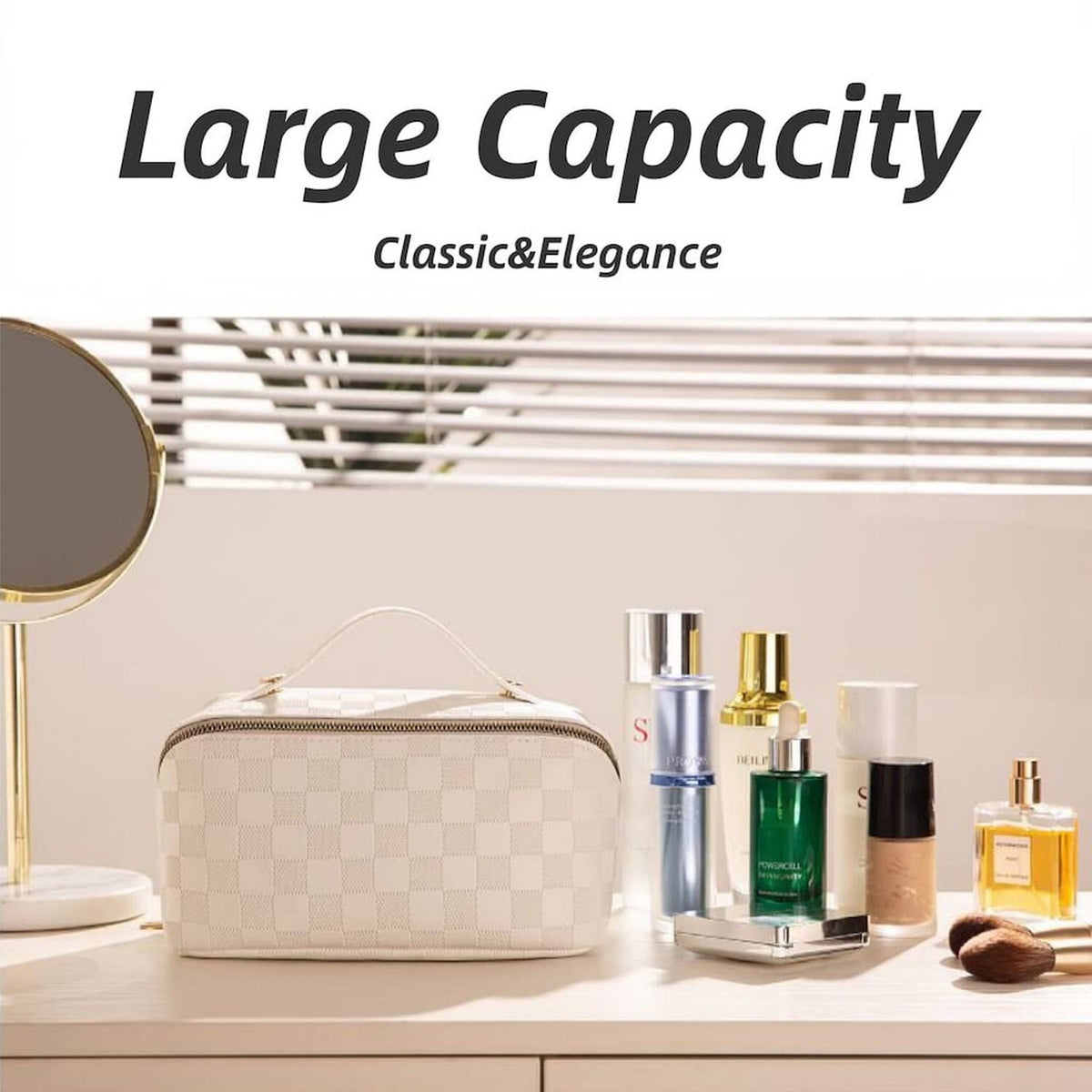Large Capacity Travel Makeup Bag with Divider & Waterproof PU Leather