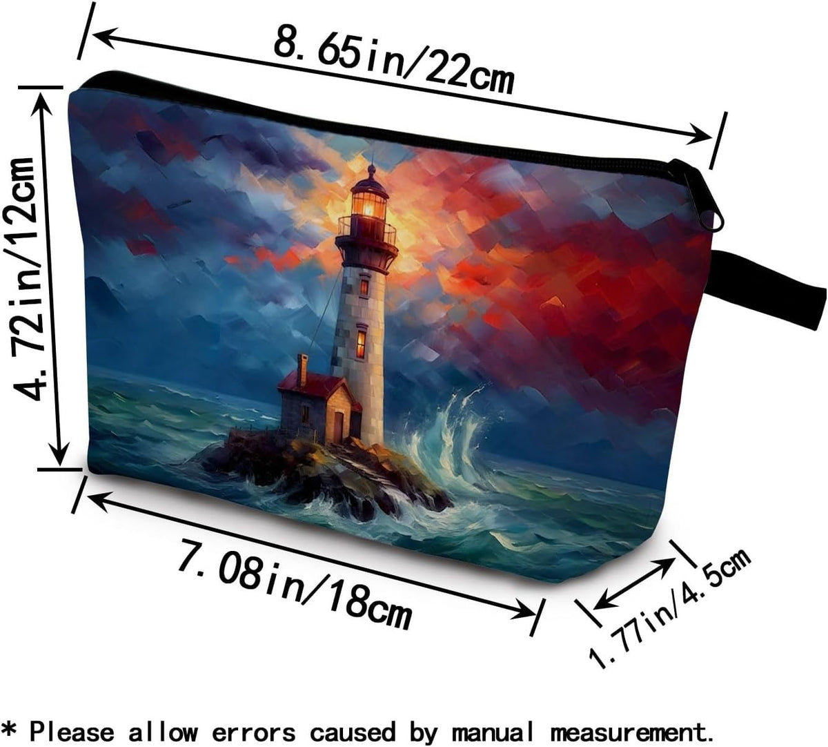 Small Lighthouse Print Makeup Bag with Metal Zipper & Durable Soft Material