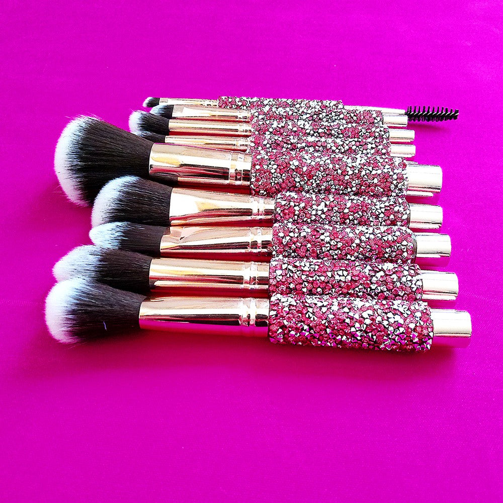 Pink Diamond Inlaid Handmade Makeup Brush Set - 10-in-1 Cosmetic Brushes with Bag