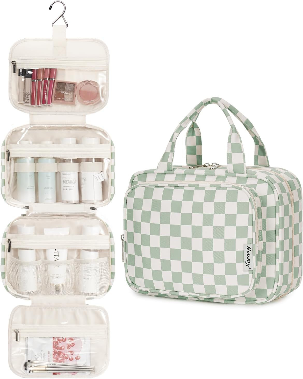 Travel Toiletry Bag with Hanging Organizer for Women and Men - Water-Resistant, Multiple Compartments, Checkered Design