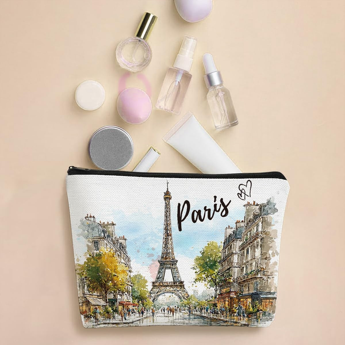Water-Resistant Paris Makeup Bag for Women - Travel Toiletry Organizer