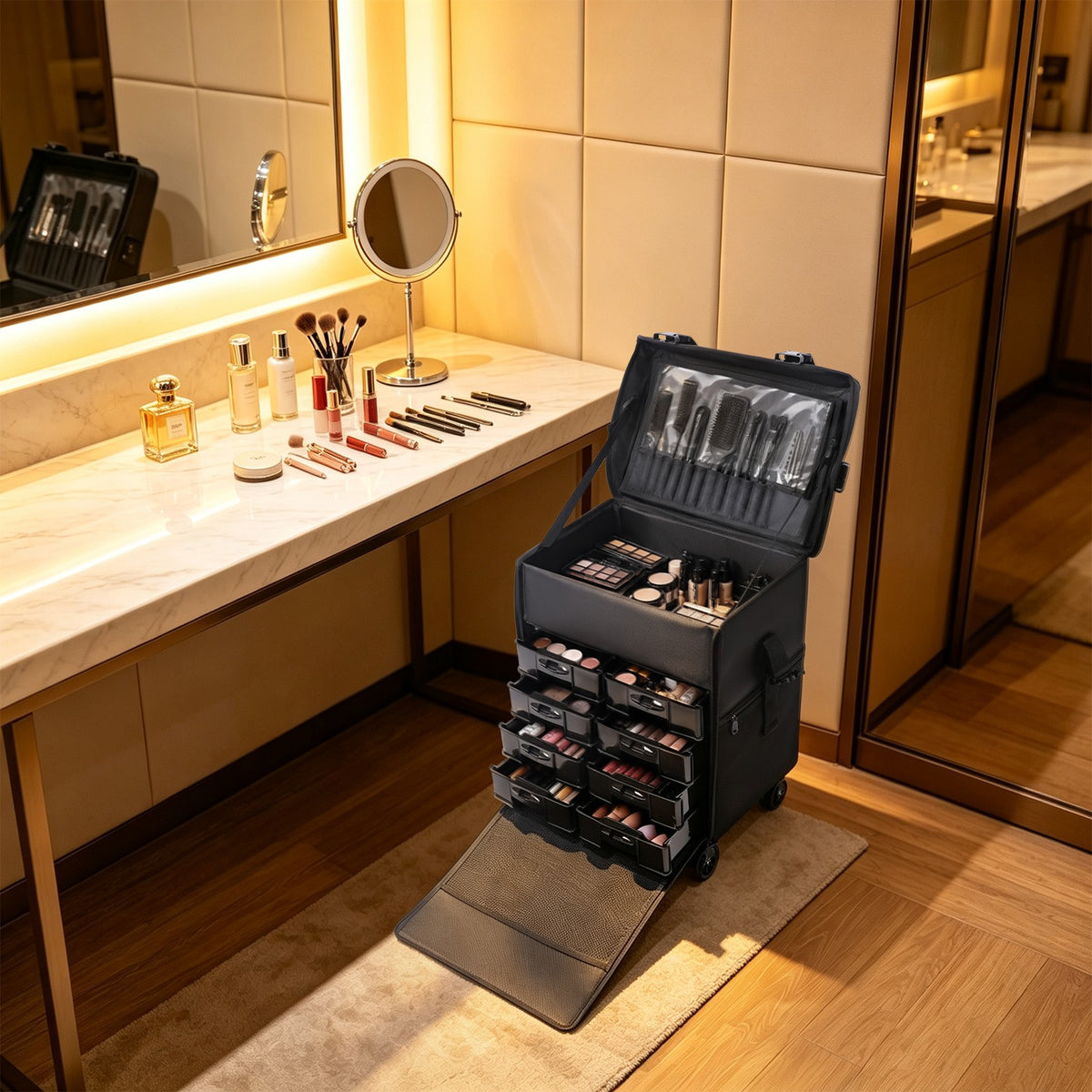 Professional Rolling Makeup Case with Drawers Travel Trolley - Black