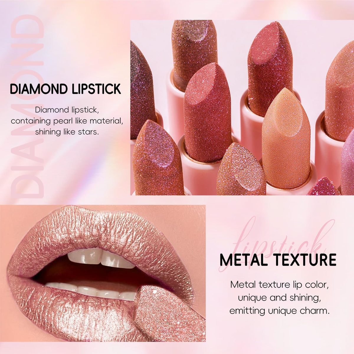 Metallic Champagne Glitter Lipstick - Shimmer, High Pigmentation, 0.12 oz