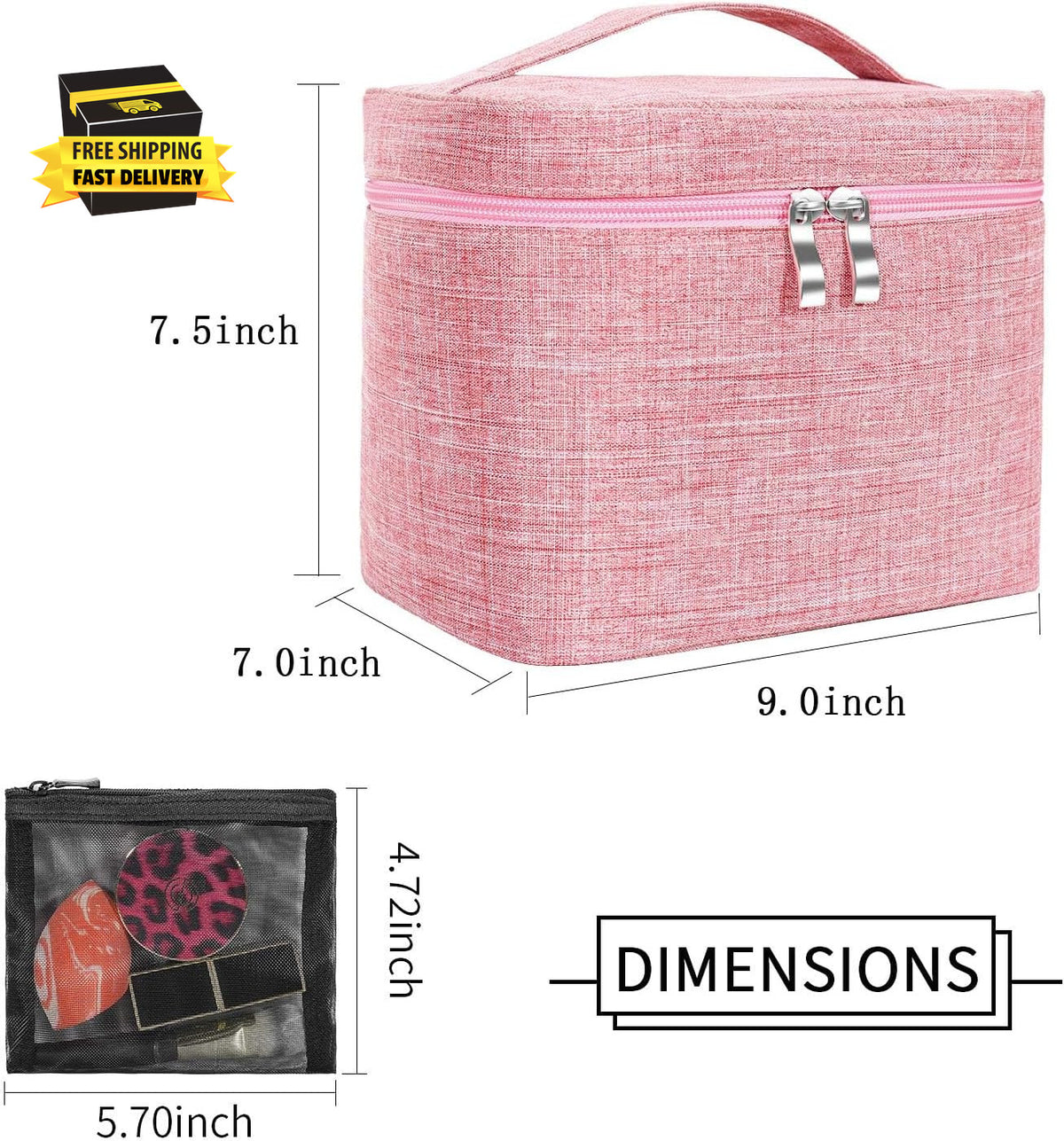 Large Travel Makeup Bag with Mesh Pouch and Organizer - Pink