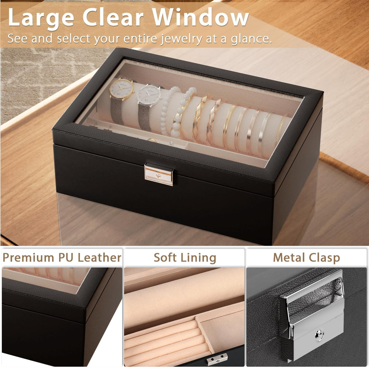 Jewelry Organizer Box with Glass Lid and Bracelet Holder - Black