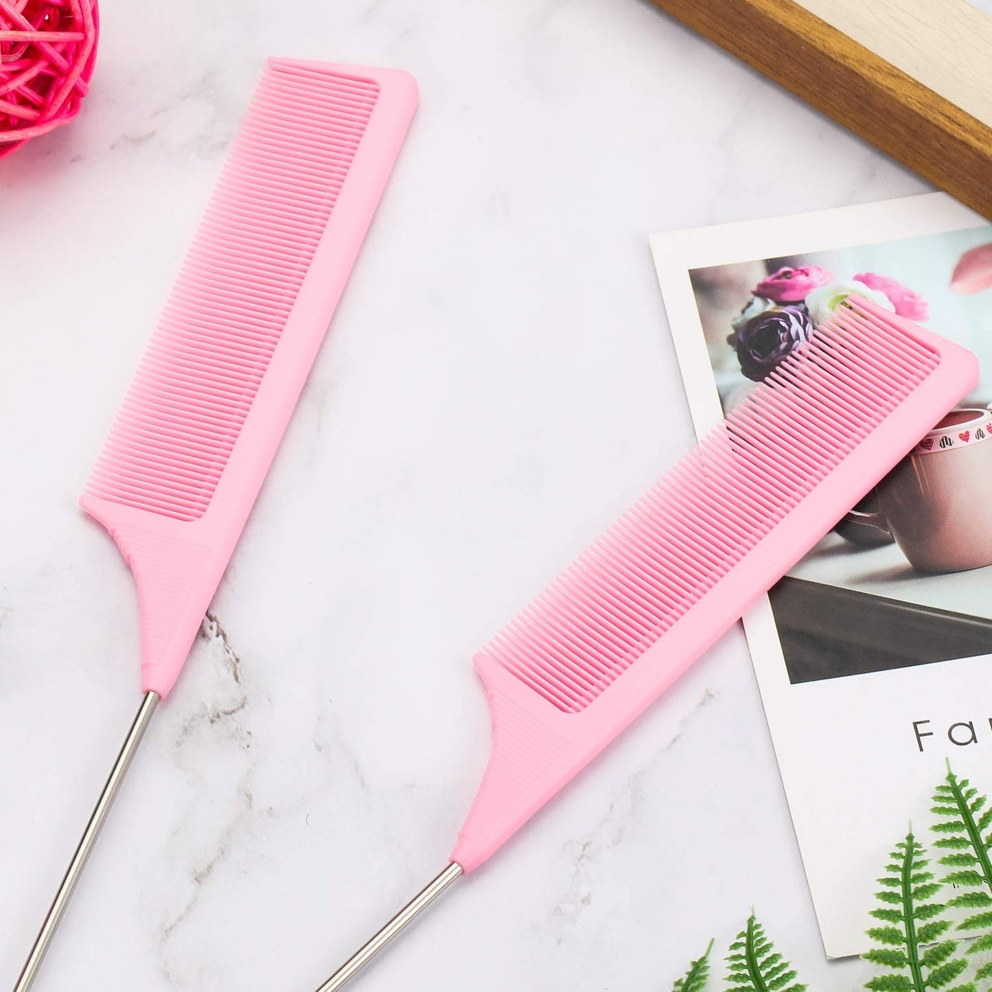 Pink Carbon Fiber Heat-Resistant Teasing Comb Set with Metal Pick for Hair Styling