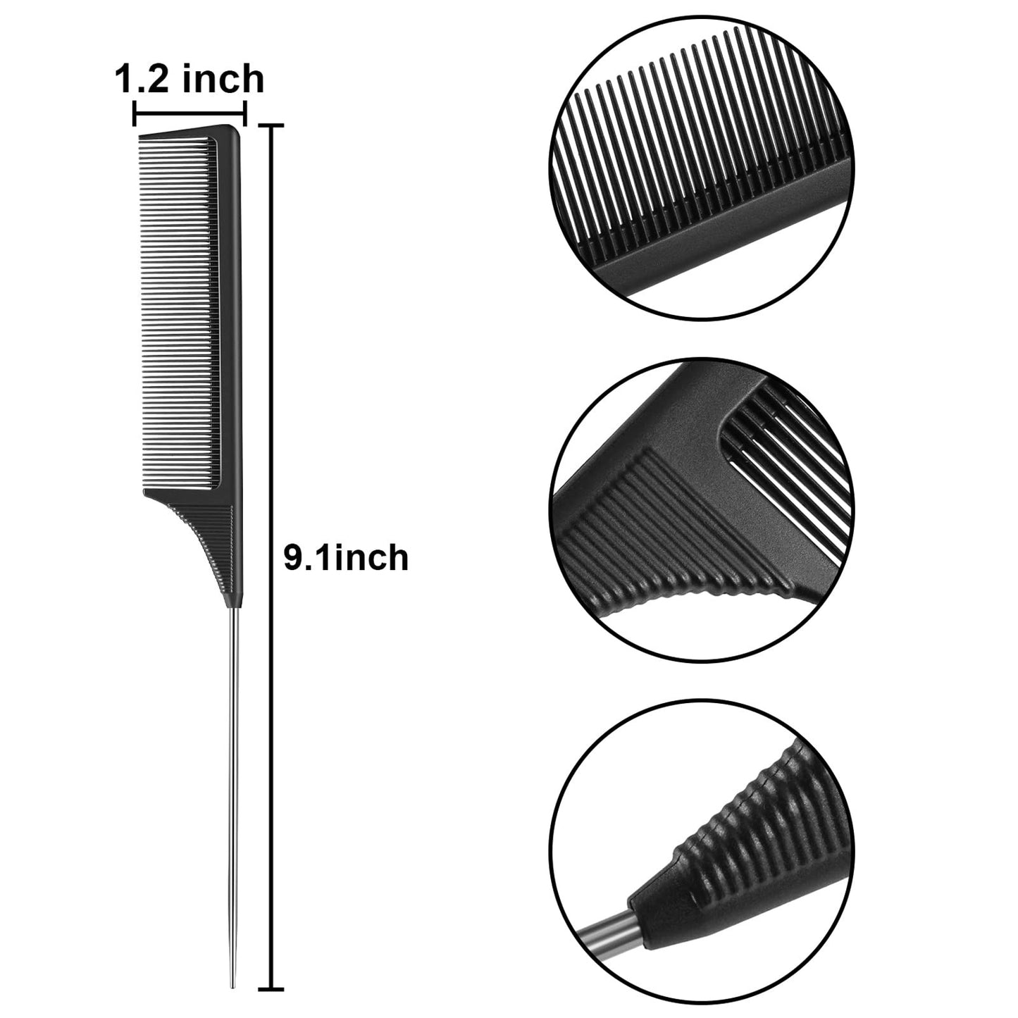 Steel Tail Comb for Hair Styling, Parting & Backcombing - Black, 3 Pack