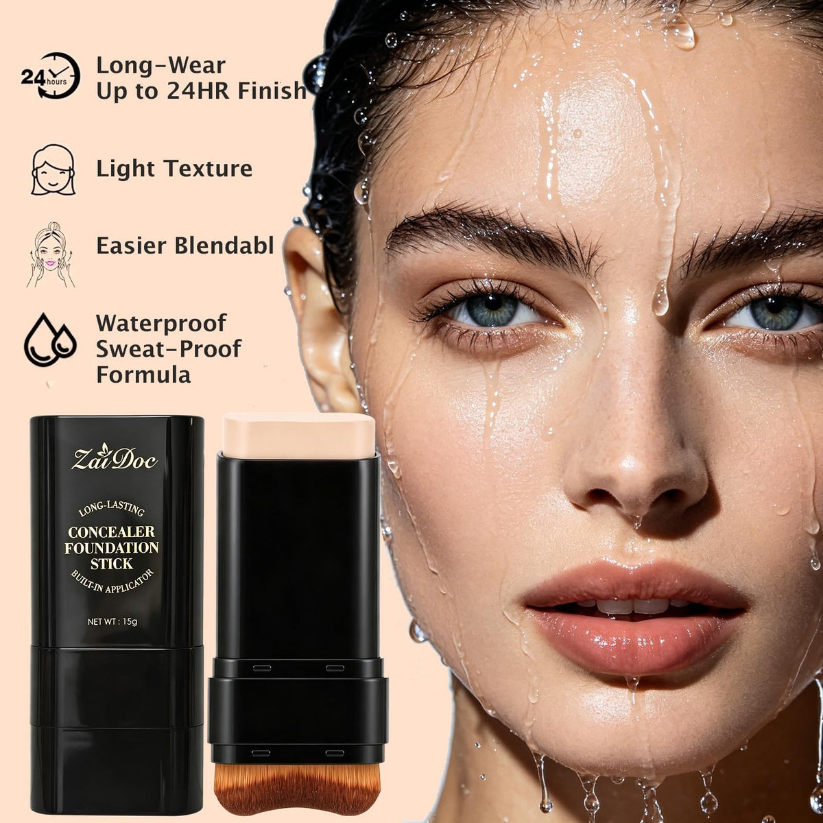 2-in-1 Concealer Foundation Stick with Brush - Full Coverage for Dark Circles