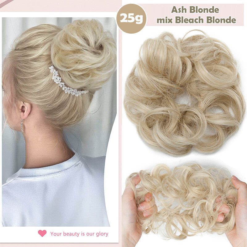 Natural Human Hair Messy Bun Ponytail Extensions with Curly Scrunchie Updo