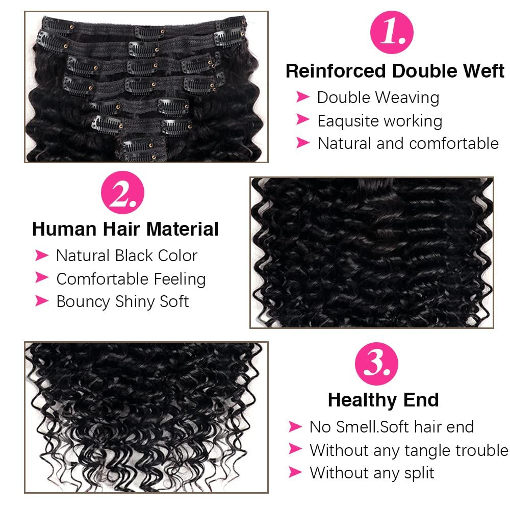 Deep Wave Clip-In Hair Extensions 8 Pieces 22 Inch Natural Black