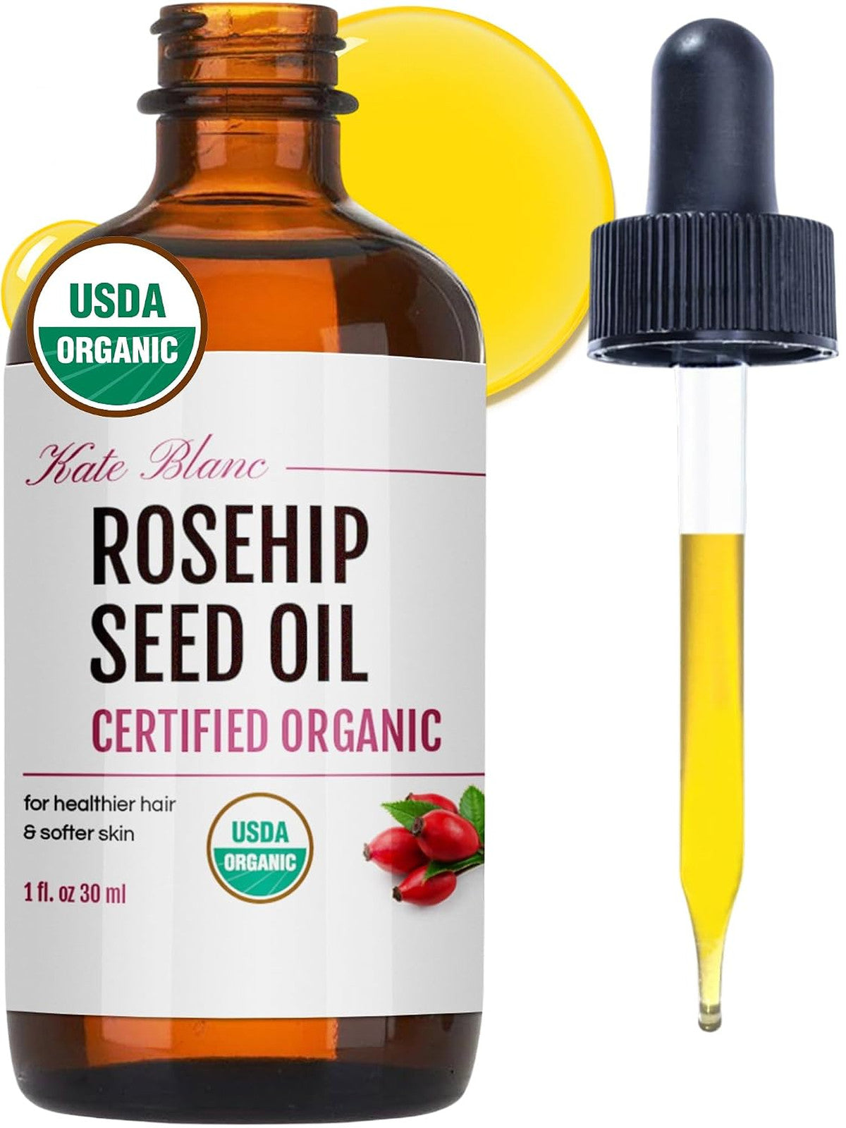 Organic Rosehip Seed Oil for Face & Skin - 1oz Cold Pressed Nourishing Oil