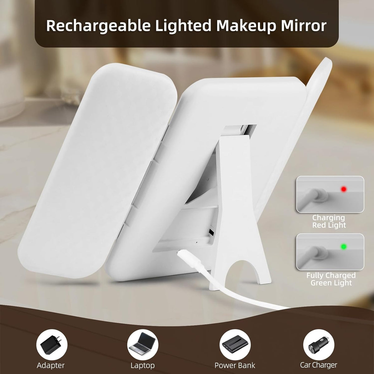 Tri-Fold Lighted Makeup Mirror with Magnification - Portable Dimmable Vanity