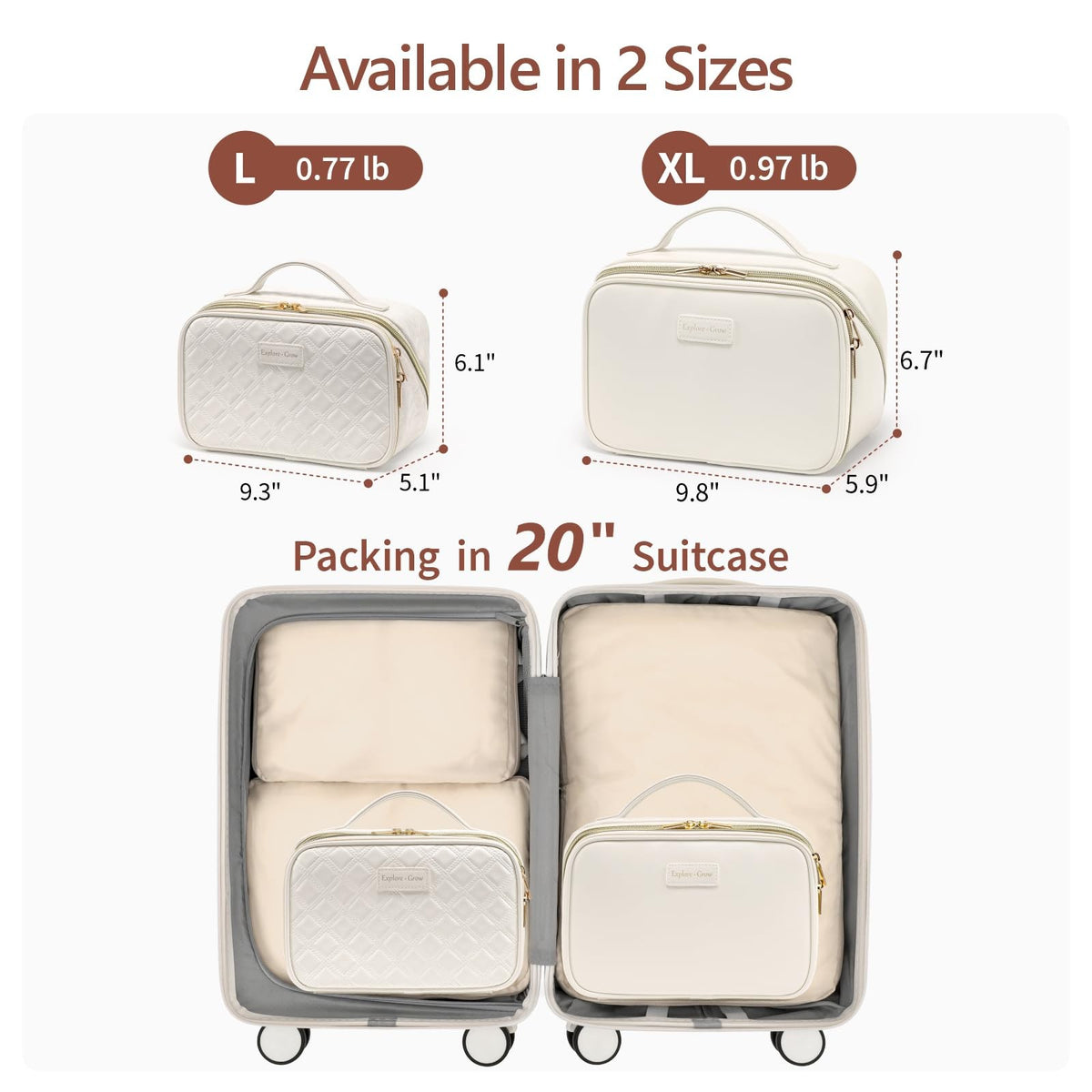 Large Quilted Travel Makeup Bag for Women - PU Leather Organizer, Cream