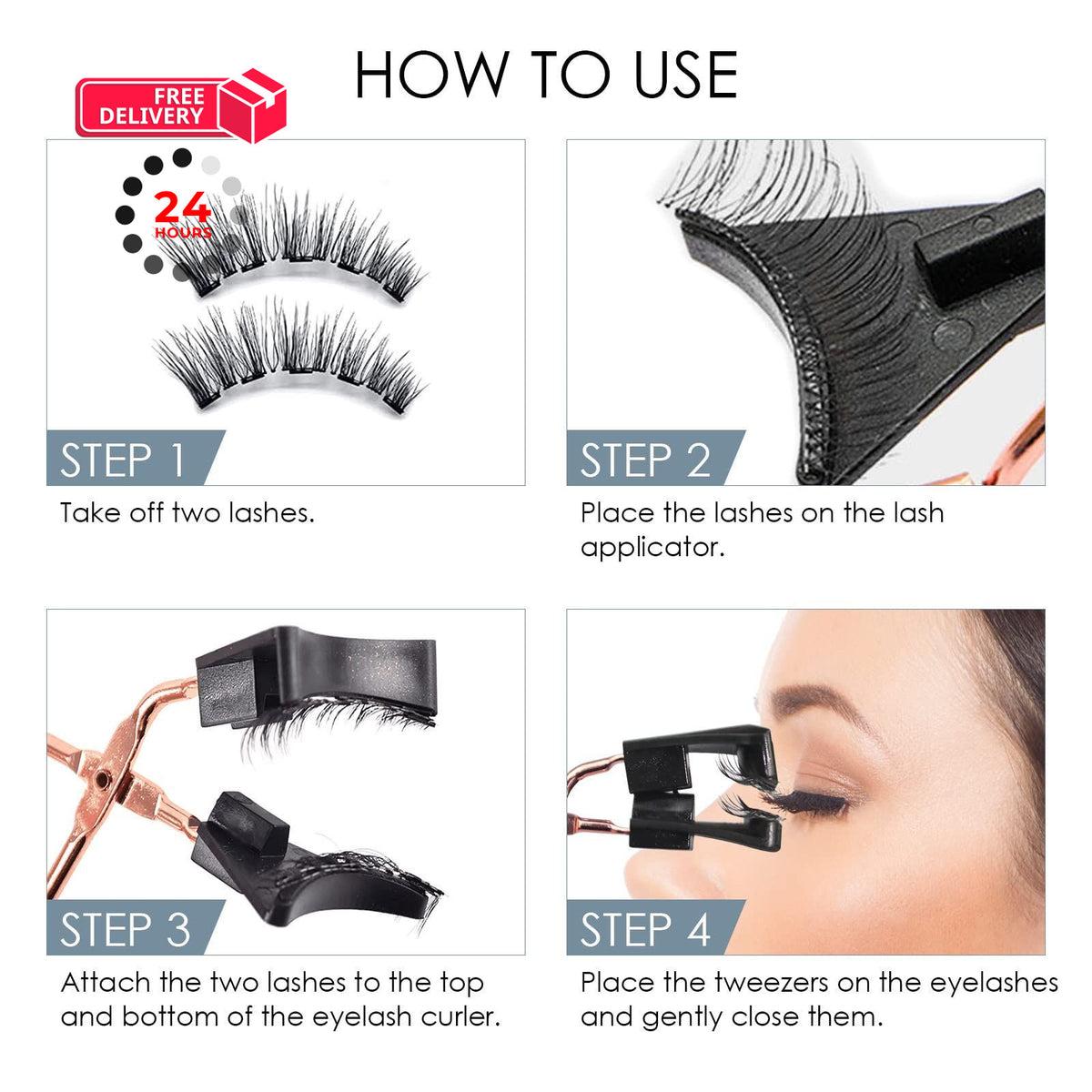 Magnetic False Eyelashes Set with Applicator - Reusable 4 Pairs, Natural Look