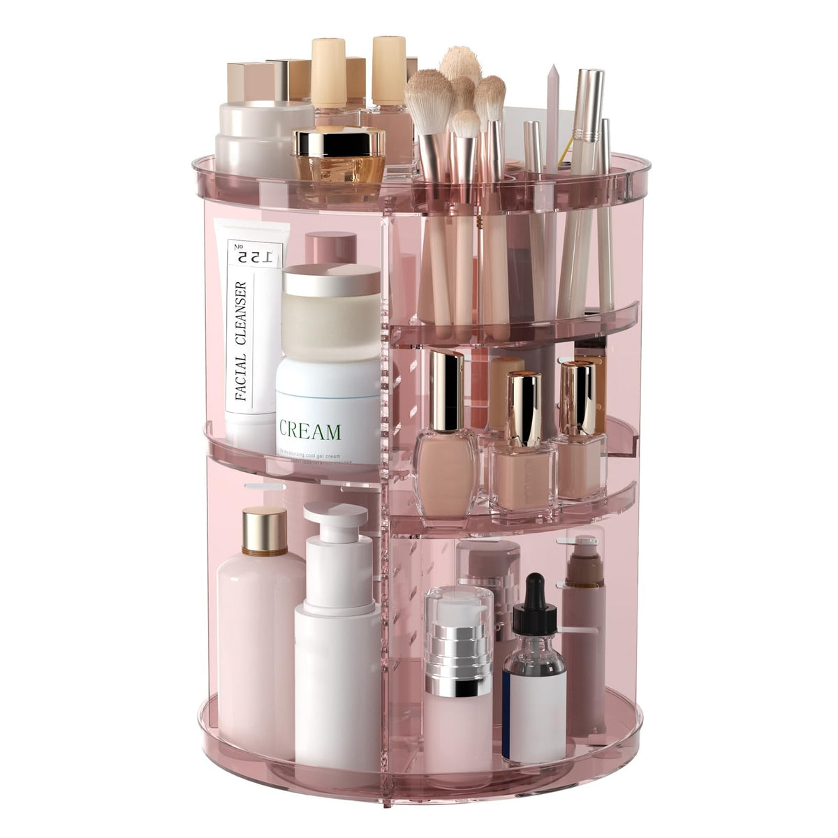 Rotating Makeup Organizer with Adjustable Layers and Silent Spin - Pink