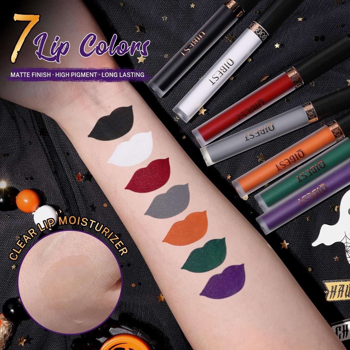 8Pcs Matte Liquid Lipstick Set with Clear Gloss for Halloween & Creative Makeup