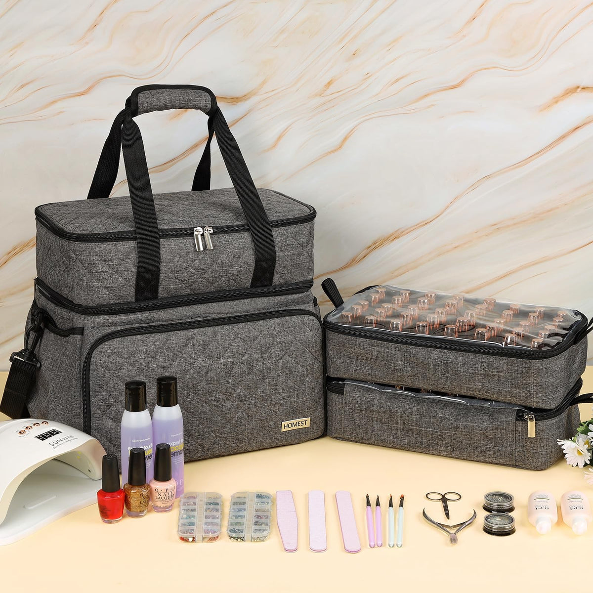 Double Layer Nail Polish Organizer with Lamp & Pouches - Holds 80 Bottles