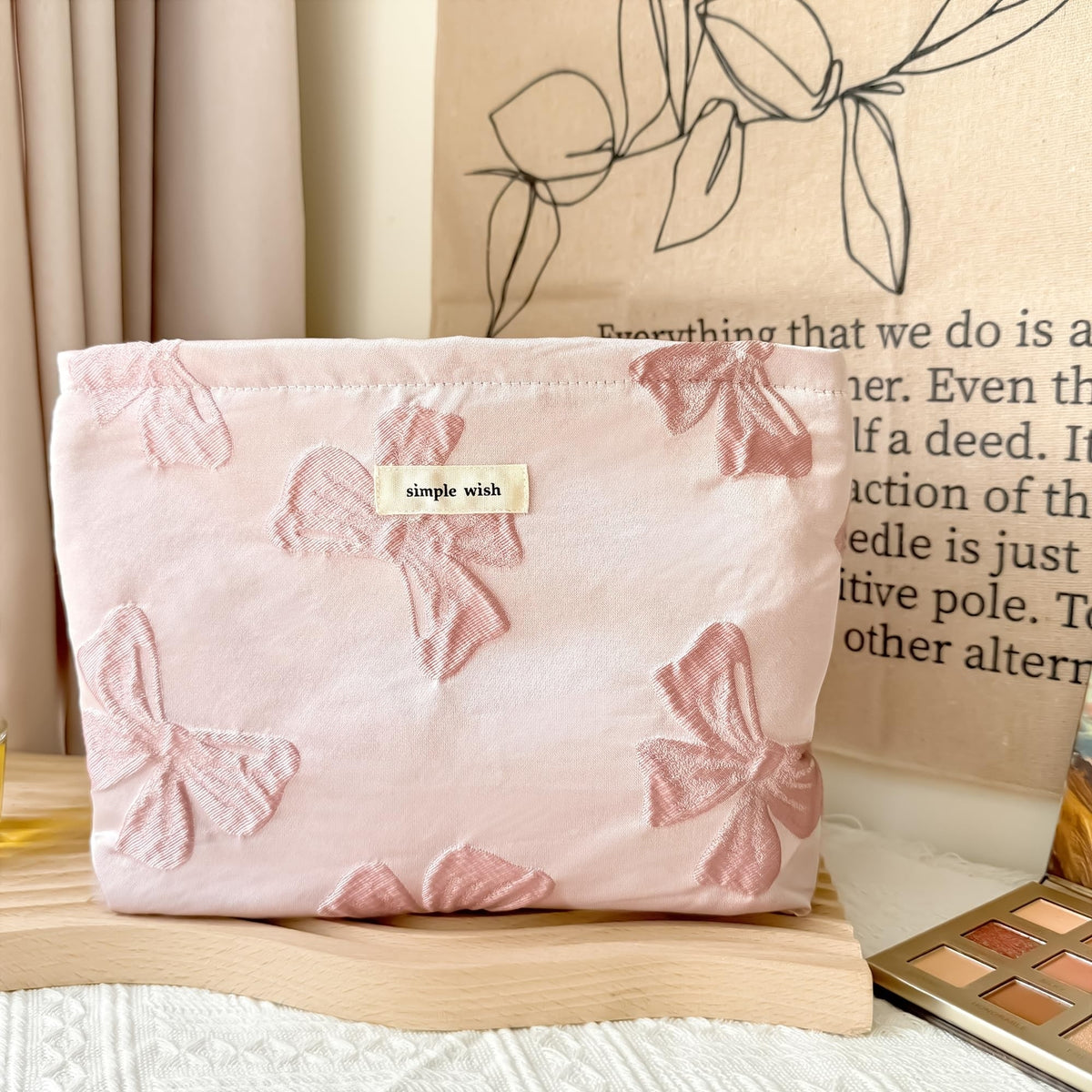 Large Canvas Makeup & Toiletry Bag with Pink Bow - Travel Organizer for Women & Girls