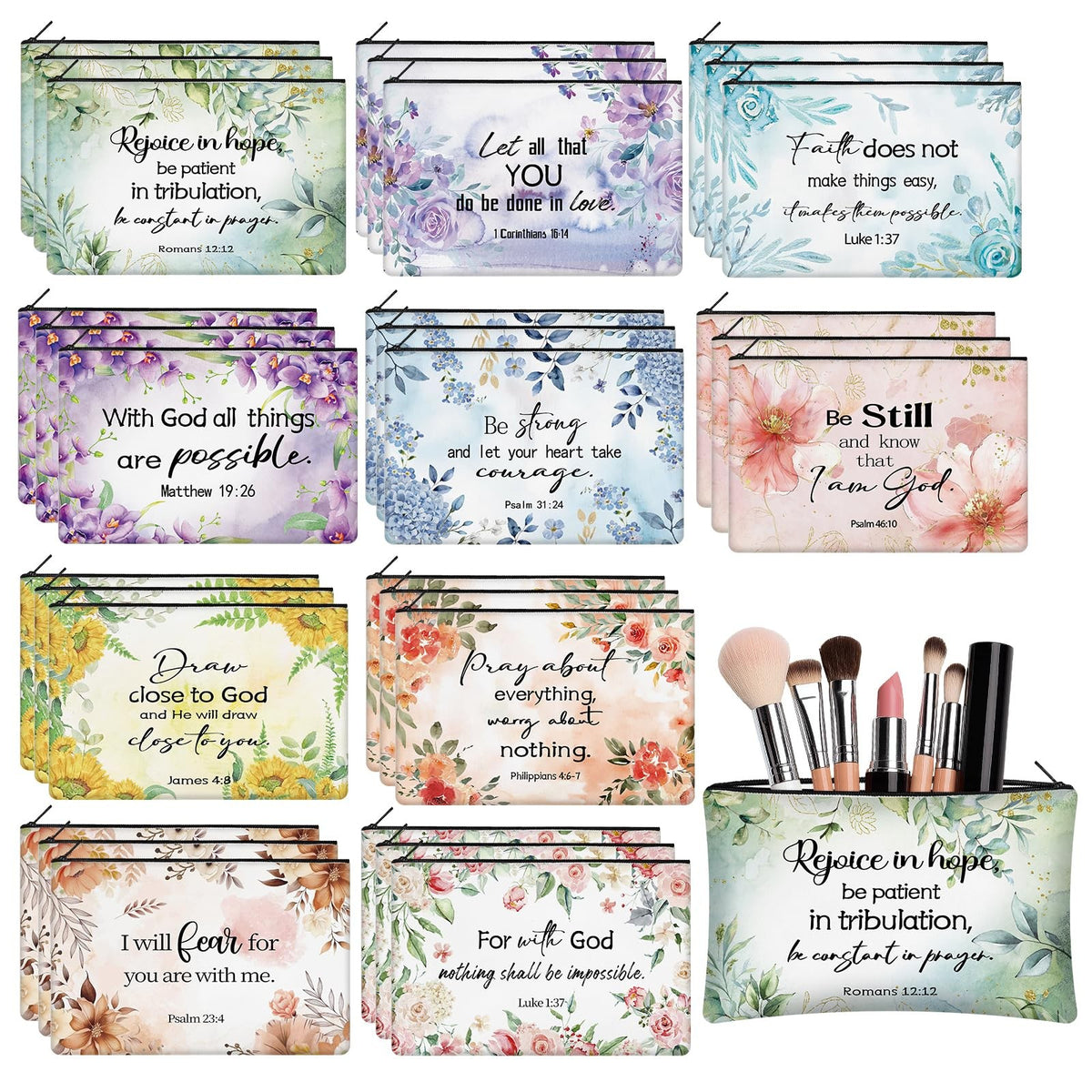 Christian Makeup Bags with Inspirational Floral Quotes - Religious Gift Pouch