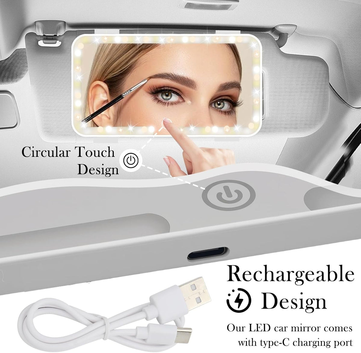 Rechargeable LED Car Vanity Mirror with Lights Touch Control White