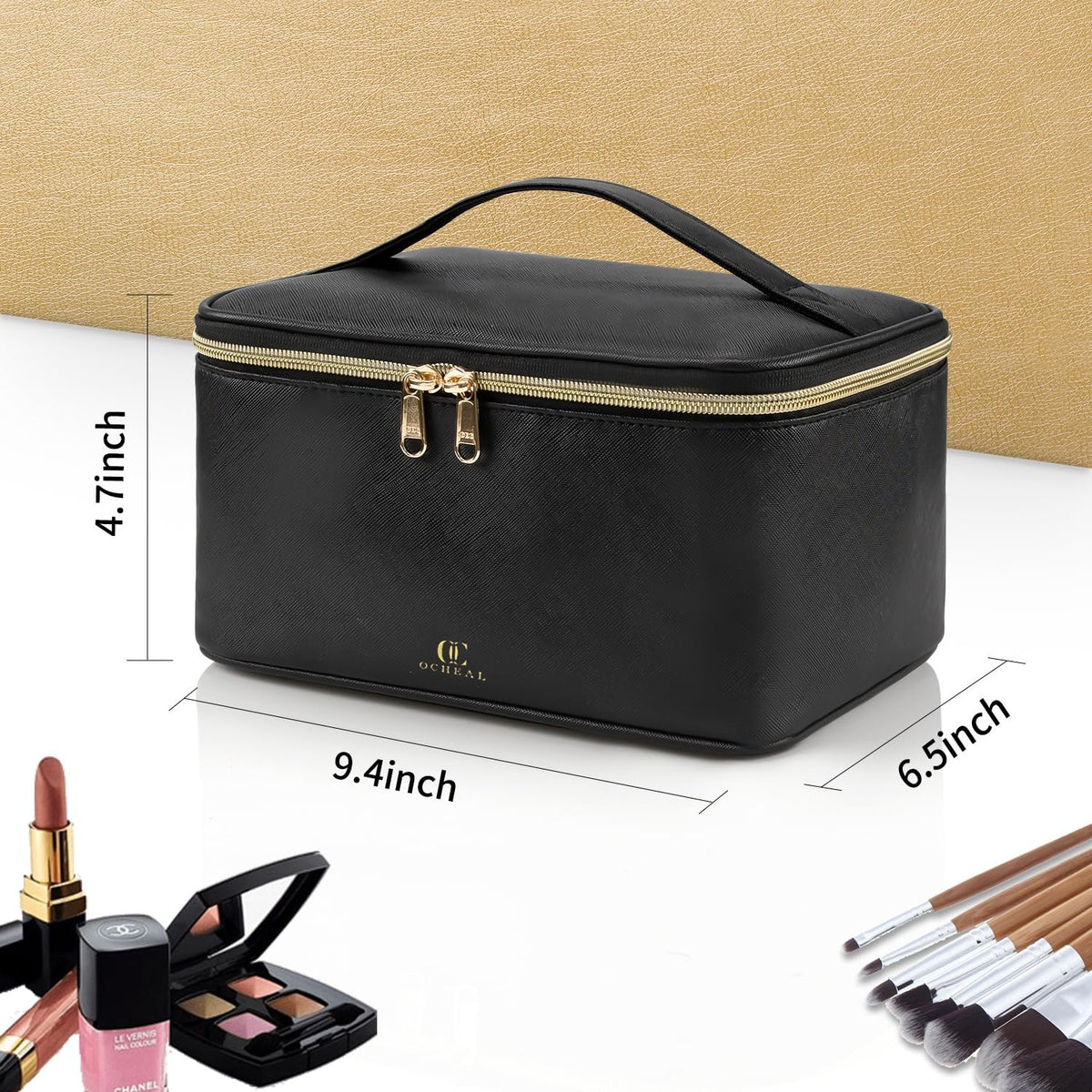 Large Capacity Travel Makeup Bag Organizer with Divider and Handle - Waterproof Vegan Leather