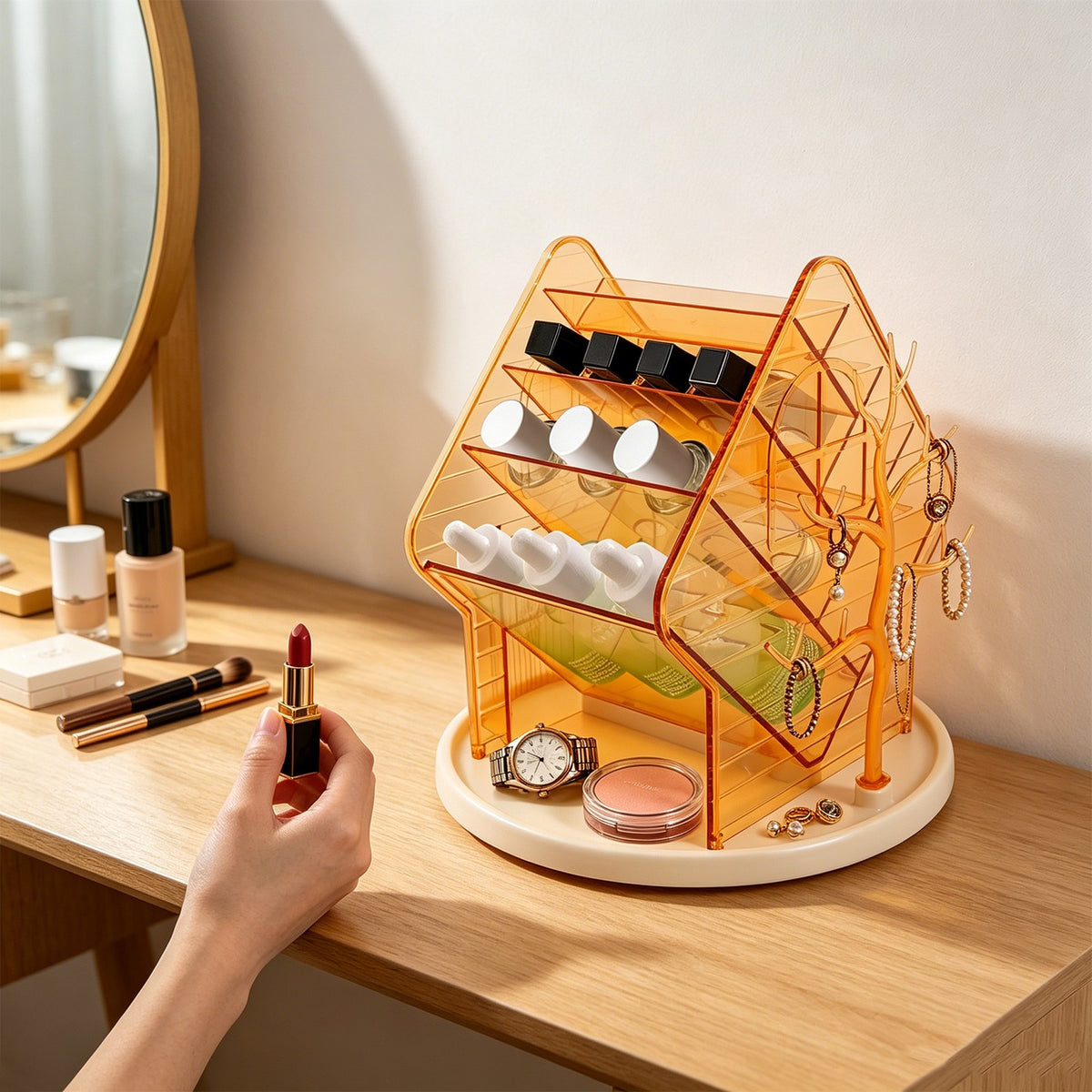 360° Rotating Makeup Organizer with Multiple Compartments - Clear Plastic Storage