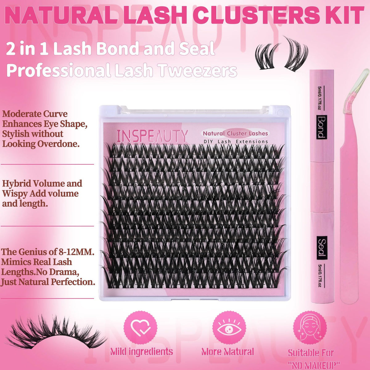 DIY Lash Extension Kit with Wispy Clusters 10-18mm Waterproof Bond & Tweezers