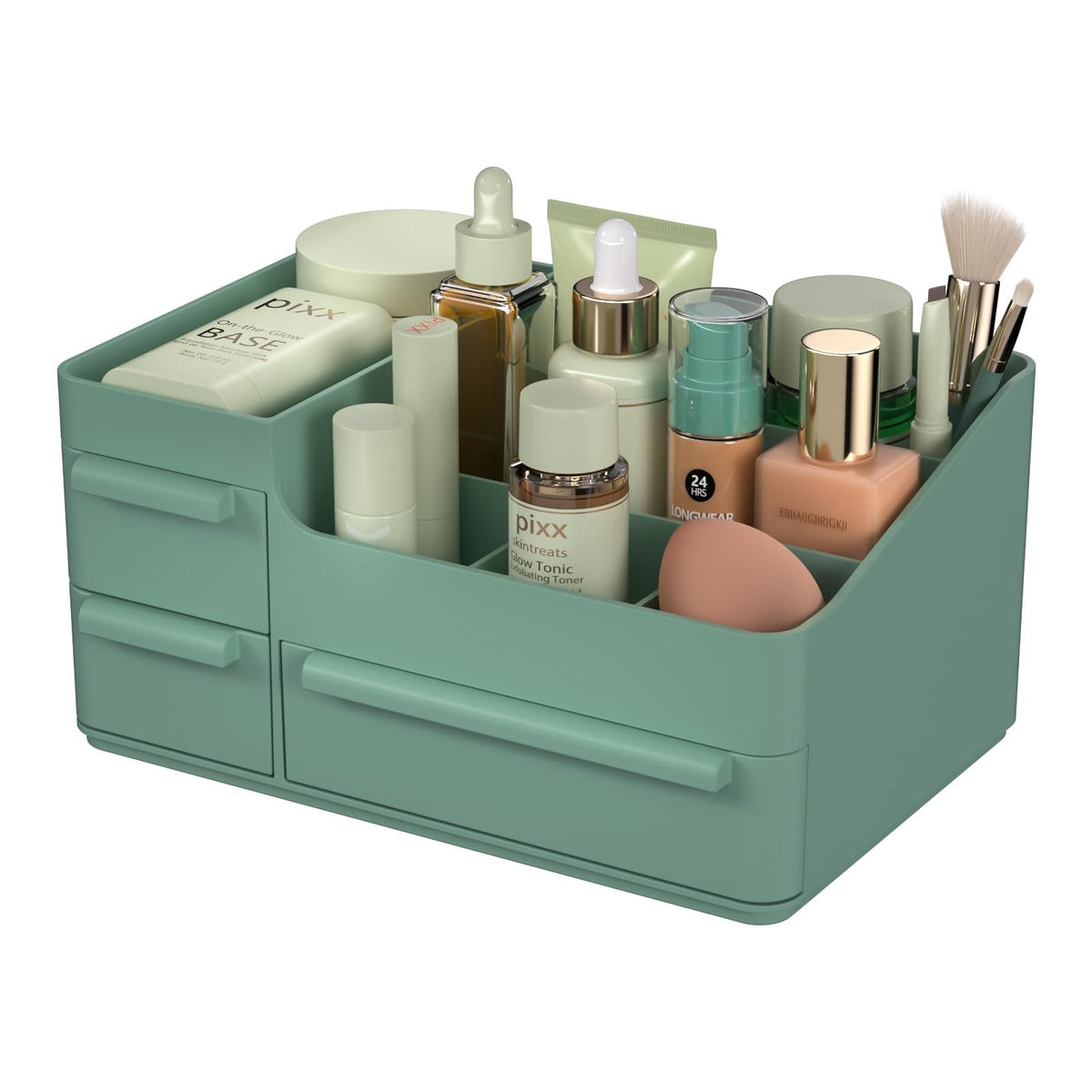 Green Makeup Organizer Countertop with Drawers - Vanity Storage Box